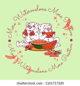 Two cute bears eats a slice of watermelon. Vector illustration on light  background. Watermelon day postcard.  Bear with fresh watermelon. Hand drawn illustration. More watermelons more positive.