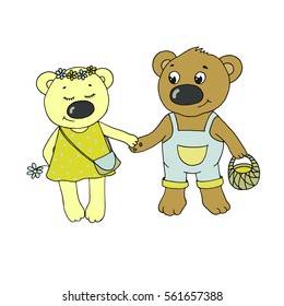 Two cute bears fallen in love. Vector illustration for Valentine's Day, baby announcement, wedding design, scrapbook, textiles.