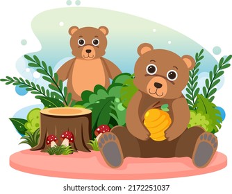 Two cute bears in flat cartoon style illustration