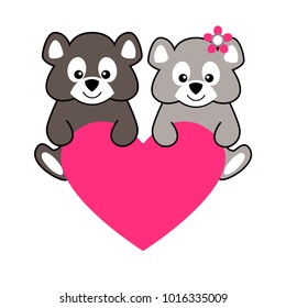 Two cute bears with heart. Valentines day card. Vector.