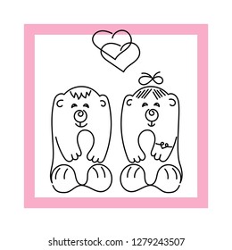 Two cute  bears, hearts. Valentine's day greeting card, Vector illustration