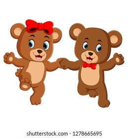 two cute bears holding each hands with the happy faces