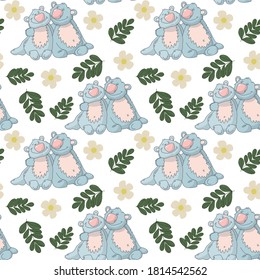 Two cute bears in love vector seamless pattern with flowers and green leaves on white background