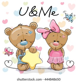 Two Cute Bears on a hearts background
