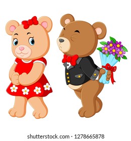 two cute bears using the best costume and the boy taking the flowers