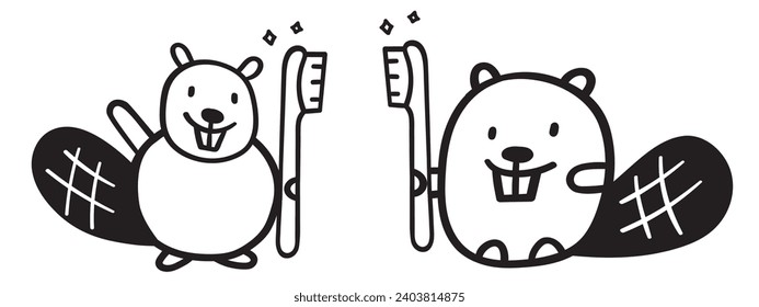 Two cute beavers with toothbrushes. hygiene for kids. Dental hygiene for kids. Outline vector isolated illustrations on white background.