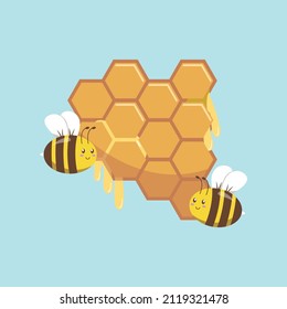 two cute bee with honeycomb cartoon vector illustration