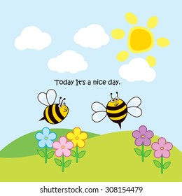 Two cute bees flying around flowers 