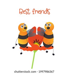 Two cute bees sitting on the flower. Best friends.