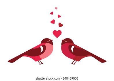 Two cute bird lovers on pink hearts shaped