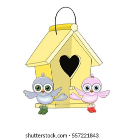 Two cute birds and a birdhouse