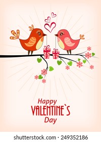 Two cute birds. Card for Valentine day. Vector illustration. 