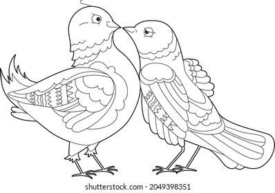 Two cute birds. Doodle style, black and white background. Funny doves, coloring book pages. Hand drawn illustration in zentangle style for children and adults, tattoo.