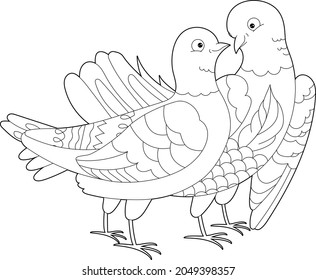 Two cute birds. Doodle style, black and white background. Funny doves, coloring book pages. Hand drawn illustration in zentangle style for children and adults, tattoo.