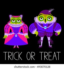 Two cute birds dressed in Halloween costumes in the stylized fashion of 16th century. Owls dressed in the fashion of the Renaissance. Historical European clothing  in bright cartoon style. Vector.