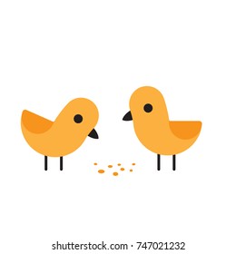 Two cute birds eating crumbs on the floor, flat design vector illustration, simple cartoon style.