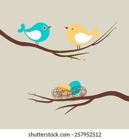 Two cute birds and eggs in the nest/ Vector easter card