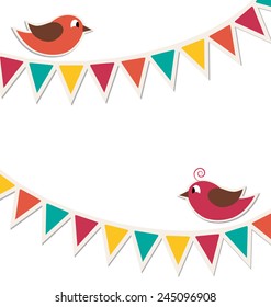 Two cute birds with flat buntings garlands isolated on white background