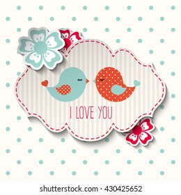 Two cute birds with flowers and text I love you, illustration in scrapbooking style, vector, eps 10 with transparency