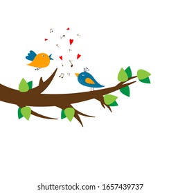 Two Cute birds fly and sing on tree branch in hearts and notes. Greeting card for Valentine's Day, family, women's day, wedding. Spring and summer time. Romantic holiday decor