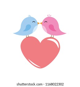 two cute birds are kissing red heart cartoon vector illustration EPS10
