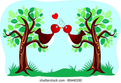 Two cute birds kissing, vector