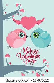Two cute birds in love flying over the tree branch. Valentine's day postcard. Hand-drawn words Happy Valentine's day lettering. Vector illustration. 
