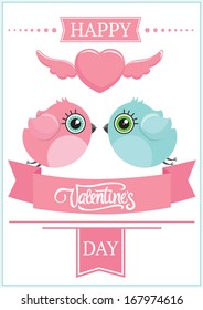 Two cute birds in love flying over the ribbon. Valentine's day postcard. Hand-drawn words Happy Valentine's day lettering. Vector illustration.