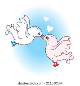 Two cute birds in love, kissing in the sky. Cartoon illustration. Vector. As element, background, greeting card. 