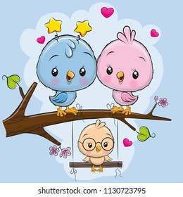 Two cute birds on a branch and a chick on the swings