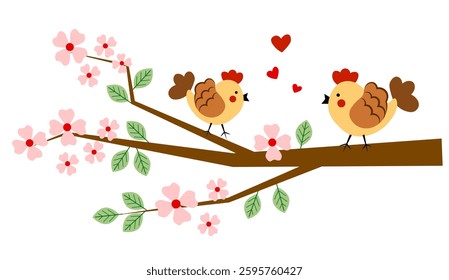 Two cute birds on the branch with spring flowers. Banner, spring, greeting card
