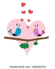 Two cute birds on branch. Illustration for Valentine day. Vector