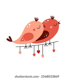 Two cute birds on a garland wire with hearts. Love, romance, relationship concept. Valentine's day. Flat vector illustration