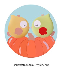 Two cute birds on the orange pumpkin on happy Halloween card. Flat design. Vector illustration.