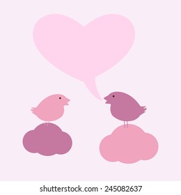 Two cute birds on sitting on clouds with speech bubble in the shape of heart and space for your own text isolated on light pink background. For invitations, greeting cards, postcards