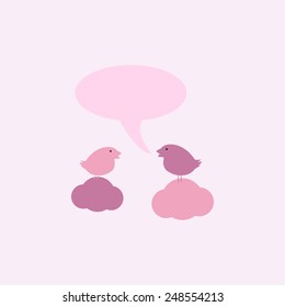 Two cute birds on sitting on clouds with speech bubble and space for you own text isolated on light pink background. For invitations, greeting cards, postcards