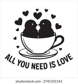 Two cute birds are sharing a romantic moment in a teacup, surrounded by hearts. The text ALL YOU NEED IS LOVE is written below.