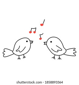 Two cute birds sing a love song. Musical notes with hearts fly in the air. Singing serenade. Confession of feelings. Valentines Day. February 14th. Vector isolated illustration in doodle hand drawn