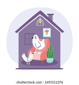 Two cute birds sitting at home. Living room interior. Stay Home. Self isolation concept. Cozy Home. Vector  Hand drawn illustration.