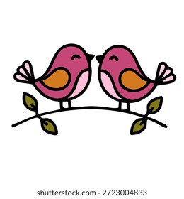 two cute birds sitting on branch for romantic love and valentine celebration