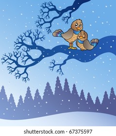 Two cute birds in snowy landscape - vector illustration.