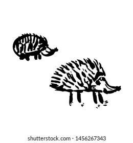 Two cute black ink hedgehogs on the run! An animal family, a smiling hedgehog mother or father and a baby on the prowl. Retro style, simple linear illustration, quick doodle or minimalist drawing.