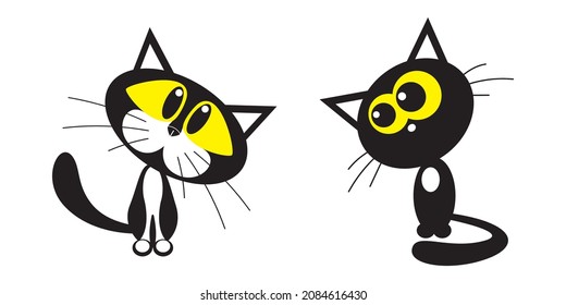 Two cute black kittens cartoon isolated icons on white background. Vector illustration.