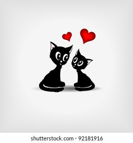 Two cute black kittens with two red hearts on gray background - vector illustration