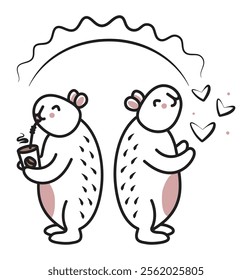 Two cute black line whimsical capybaras enjoy sunny day, vector doodle of trendy kawaii characters with a cup of mocha mousse and hearts, big friendly rodents for a postcard, fabric prints, etc.