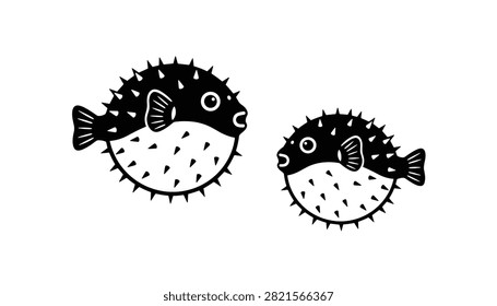 Two cute black and white pufferfish with spikes are shown swimming together in a playful vector illustration.
