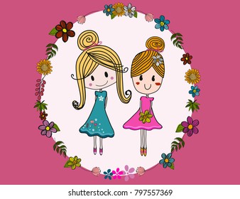 Two cute blond shy girls in green and pink pastel colour stands in flower frame, idea for childish T shirt, best friend card, valentine or love card