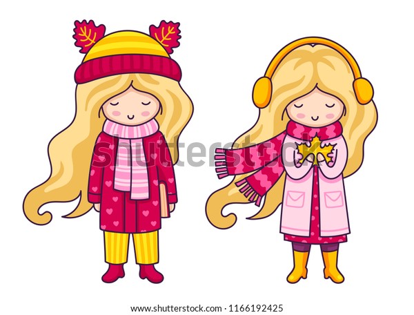 Two Cute Blonde Little Girls Autumn Stock Vector Royalty Free