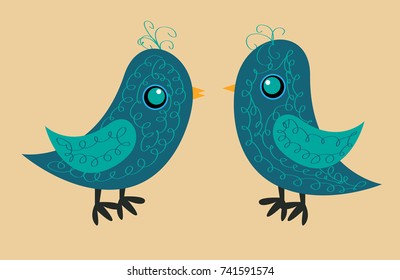 Two cute blue birds with a pattern on the body, a yellow beak and a blue eye, a side view