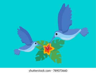 Two cute blue flying colibri bird. Logo template. Flat icon. Tropical plants. Exotic birds isolated on blue background. Summer tropical graphic element. Tropical animal. Flat vector illustration.